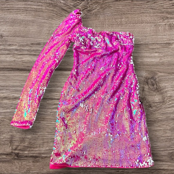 NWTs Lulus Pink Sequin One-Shoulder Homecoming dress size small - Picture 3 of 7